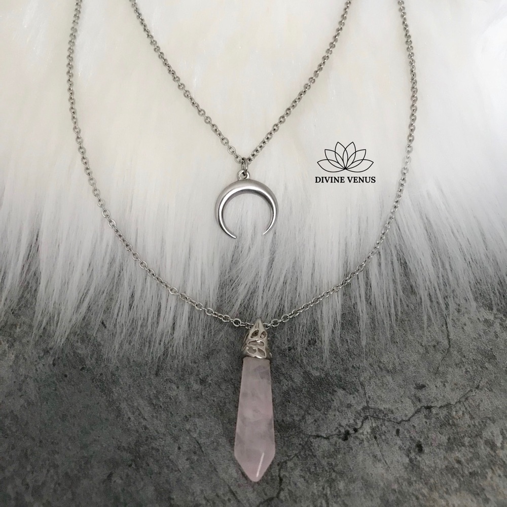 Rose Quartz Crescent Moon Layered Necklace - Picture 9 of 15